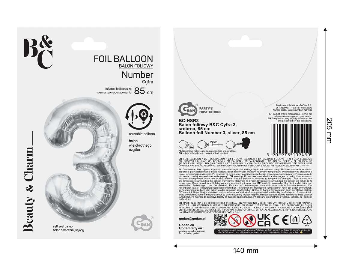 Balon foliowy B&C Cyfra 3, srebrna, 85 cm